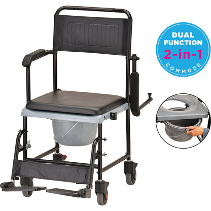 Drop Arm Rolling Transport Chair Commode